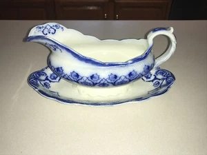 Antique Grindley Haddon Flow Blue Gravy Boat with Undertray VG - Picture 1 of 8