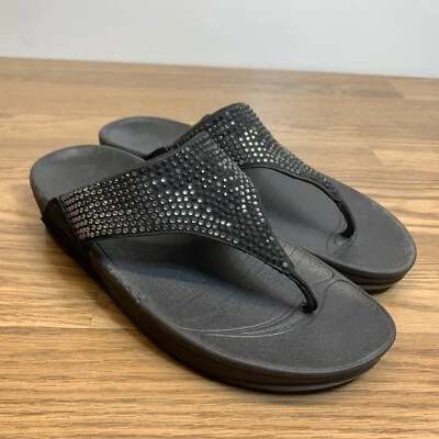 Sandalias de tanga FitFlop para mujer Rokkit negras estrás cuña cómodas talla 8 Foto 1 de 4