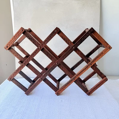 VTG Hand Carved Wood Folding Wine Rack 8 Bottle Holder Rustic Mid Century Boho - Image 1 of 4