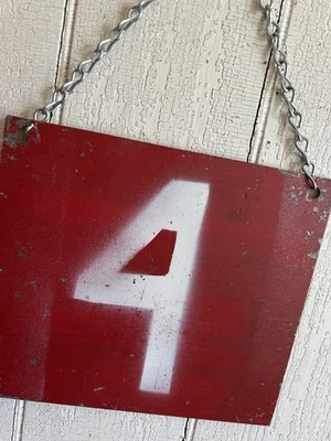 Vintage Red Metal Number Sign #4 Rustic Decor  7”x6” With Chain - Image 1 of 4
