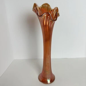 Vintage Fenton? Marigold Iridescent Carnival Ribbed Glass Swung Vase 15.5” READ* - Picture 1 of 14