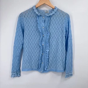 Vintage 70s Blue Open Knit Cardigan  Womens M Lace Coquette Pastel Feminine Cute - Picture 1 of 8
