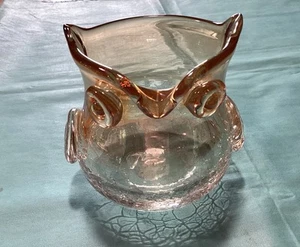 Vtg Handblown Amber Crackle Glass Owl Votive Vase Dish - Picture 1 of 6