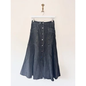 Whistles Denim Panelled Midi Skirt Size 8 Black A-Line Pockets Elastic Waist - Picture 1 of 10