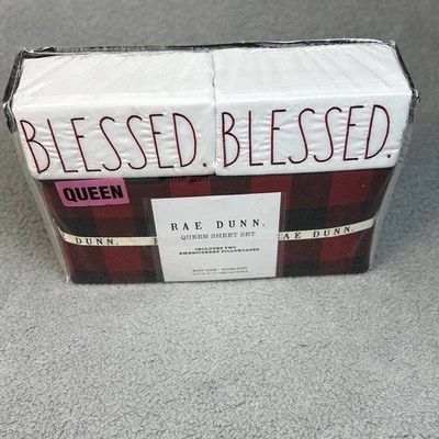 Rae Dunn Christmas Sheet Set BLESSED Plaid Red Black Queen Set  NEW - Image 1 of 4