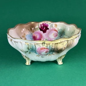 Fruit Bowl Scalloped Edge Three Footed Hand Painted Floral Roses Gold Accents - Picture 1 of 18