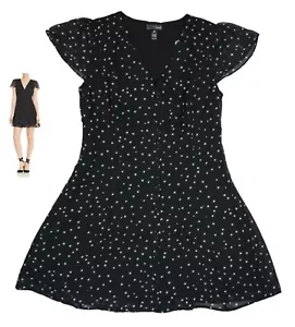Aqua Stars Print Cap Sleeve Button Front V-Neck Mini Length Dress S NWT Black - Picture 1 of 1