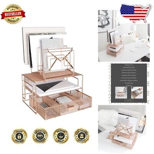 Elegant Rose Gold Metal Mesh Desk Organizer with Drawer for Office Supplies - Picture 1 of 8
