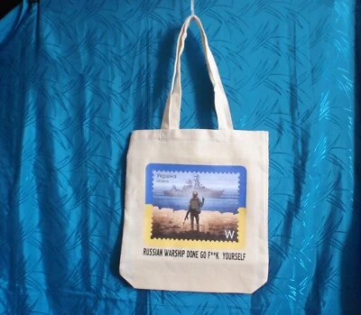 BOLSO GUERRA DE UCRANIA 2022 Bolso de Hombro de Tela «Buque de Guerra Ruso HECHO Go F**k Yourself Foto 1 de 4