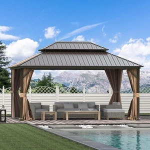 Domi 12’ x 16’ Hardtop Gazebo Outdoor Aluminum Gazebo w/Netting & Curtains,Brown - Picture 1 of 8
