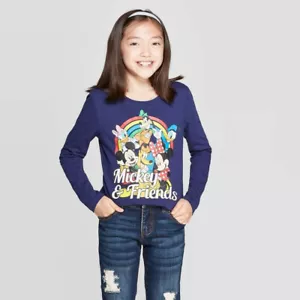 Girls' Disney Mickey & Friends Long Sleeve T-Shirt Rainbow Polka Dot Navy Blue - Picture 1 of 4