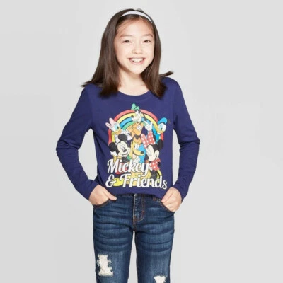 Girls' Disney Mickey & Friends Long Sleeve T-Shirt Rainbow Polka Dot Navy Blue - Image 1 of 4