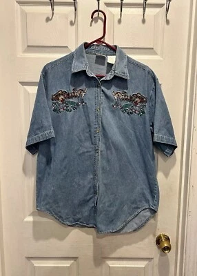 Bobbie Brooks Denim Shirt Women Size Large Button Up Embroidered Bear Garden - Image 1 of 4