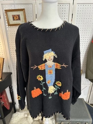 Womens Xl Black Embroidered Scarecrow/Fall Long Sleeve Vintage Granny Core - Image 1 of 4