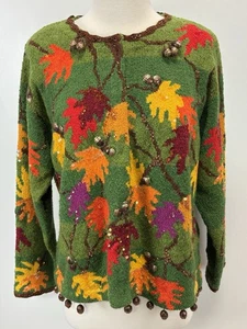 Vintage Design Optionen Herbst Blatt Pullover Gr. XL grün 3D Eicheln Pailletten LESEN - Bild 1 von 9