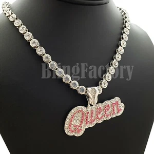 Hip Hop White Gold PT Queen Pendant & 7mm 20" Iced CZ Choker Chain Necklace - Picture 1 of 3