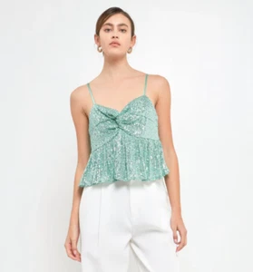 Endless Rose Sequin Camisole Top Babydoll in Green Size Large New NWT - Picture 1 of 13