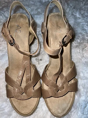 A2 AEROSOLES TAN Leather Cork T-strap Plush Wedge Heels, Women's Size 10 - Image 1 of 4