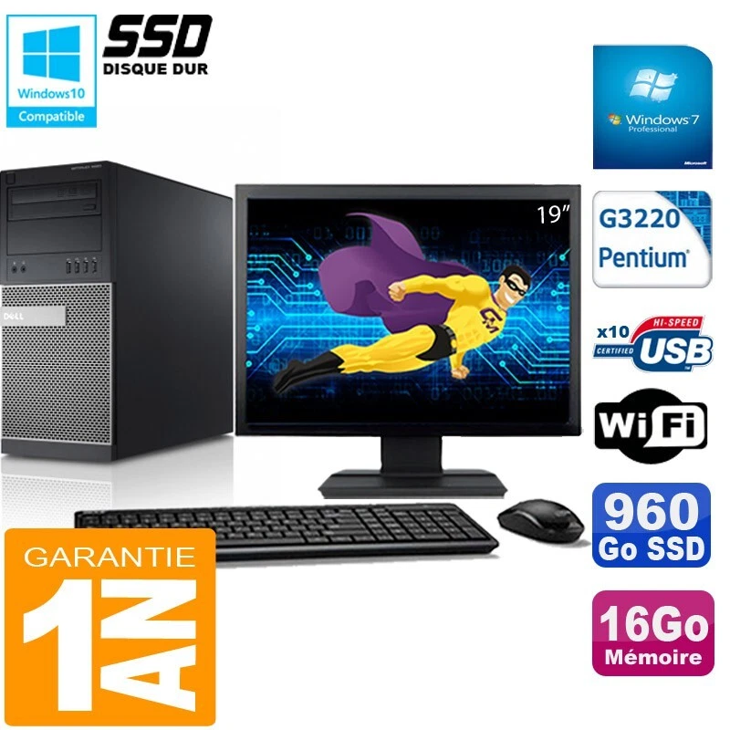 PC tour DELL 9020 Intel G3220 RAM 16Go Disco 960 Go SSD Wifi W7 Pantalla 19" - Imagen 1 de 1