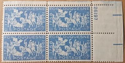 US Post Scott#1123 Fort Duquesne 1958 4c Stamp Plate #26197 Block of 4 Env#1 MNH - Image 1 of 2