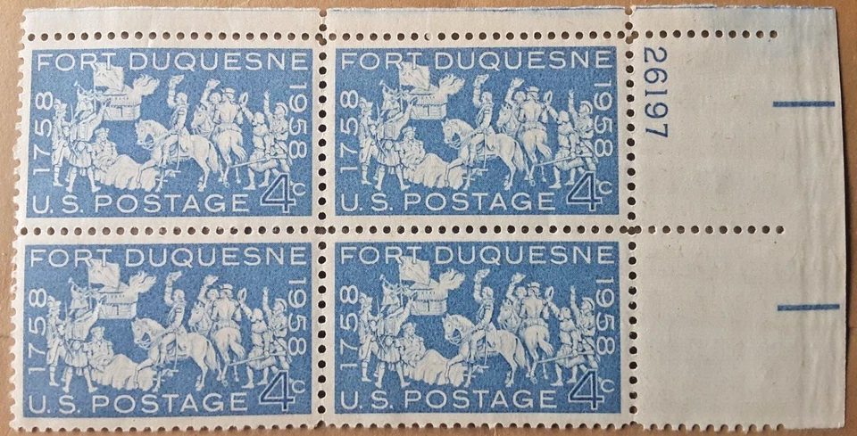 US Post Scott#1123 Fort Duquesne 1958 4c Stamp Plate #26197 Block of 4 Env#1 MNH - Image 1 of 2
