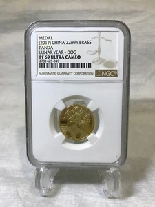 2017 Lunar Year Panda Dog Brass Medal 22mm NGC PF69 - Picture 1 of 2