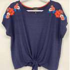 W5 Women's Blue Embroidered Short Sleeve Round Neck Front Tie Shirt Top NEW XL