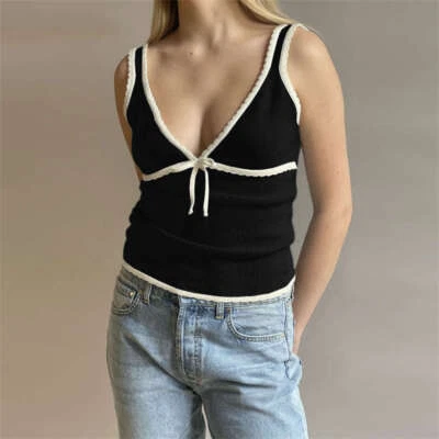 Bow Lace Slim Vest Sleeveless Sexy Deep V Women's Clothes Pullover Vest Fashion - Image 1 of 4