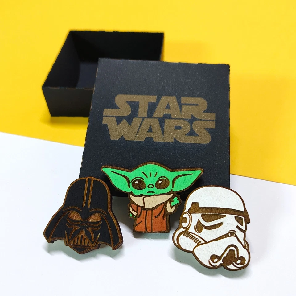 Imanes de madera Star Wars, nerd de ciencia ficción, Baby Yoda, Darth Vader, Stormtrooper Foto 1 de 1