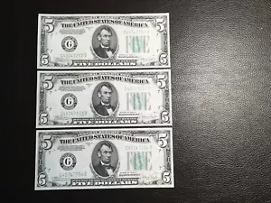 3 Consecutive Order 5.00 1934-C FRNotes Fr1959-G All Gem Uncirculated Crisp - Picture 1 of 7