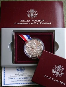 1999 P BU Dolley Madison US Mint Silver One Dollar Coin Box and COA Dolly - Picture 1 of 4