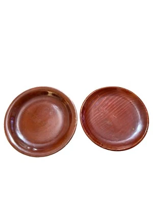 2 Vtg California Redwood Flat Bowl Plates Brown Handcrafted Wooden Wood Made USA - Image 1 of 4