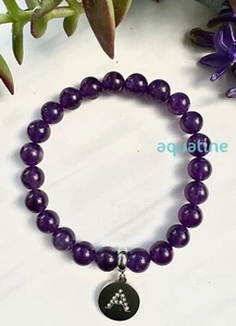 Amethyst Natural Crystal Bead Initial Stretch Bracelet CUSTOM SIZING - Picture 1 of 5