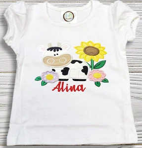 Cow Embroidered Tee with Sunflower Accents for Kids Custom Cow and Sunf - Picture 1 of 5