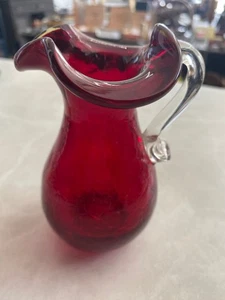 Glass Pitcher Applied Clear Handle Handblown vase Textured Surface 5 1/2" - Picture 1 of 6