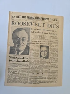 Stars and Stripes Newspaper  "ROOSEVELT DIES" April 13, 1945  PARIS EDITION vtg - Picture 1 of 3