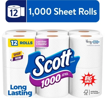 1,000 Sheets per Roll ,Scott 1000 Toilet Paper, 12 Rolls