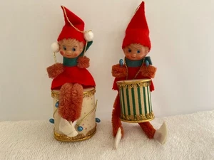 2 Vintage Christmas Pixie Elf Elves Playing Drums Felt With Chenille Legs & Arms - Picture 1 of 6