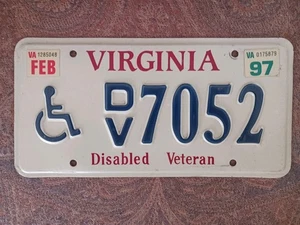 Virginia Disabled Veteran 1997 Tin License Plate Tag # DV 7052 Vintage - Picture 1 of 5