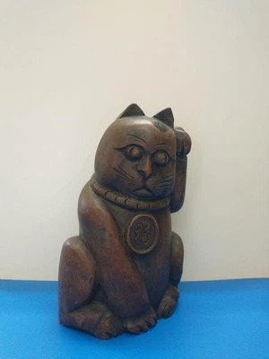 Antigua estatua de madera japonesa MANEKI NEKO Lucky Beckoning Cat 9 en siglo XIX MEIJI Foto 1 de 4