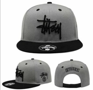 STUSSY Snapback Cap Hat Gray Black logo - Picture 1 of 4