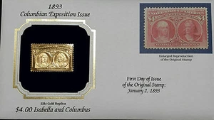 22K Gold 1893 $4.00 Columbus Gold Proof Replica Stamp & First Day Cover - Picture 1 of 1