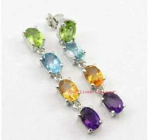Natural Amethyst Citrine Blue Topaz Peridot stones 925 Sterling Silver Earrings - Picture 1 of 3