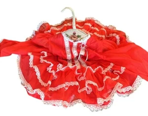 De Colección Vestido Rojo Blanco Transparente Encaje Círculo Completo Volantes Concurso 3T Mangas Globo - Imagen 1 de 24