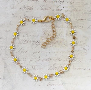 Daisy Chain Anklet White Gold Enamel Flower Summer Dainty Ankle Bracelet - Picture 1 of 3
