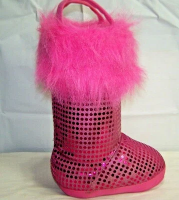 Pink Sparkle Boot with Fur on Top 13" Tall and 2 Pink Handles purse bag - Image 1 of 4