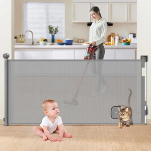 71" Retractable Baby Gate with Cat Aisle 30 Seconds Automatic Locking Pet Fence - Picture 1 of 7