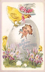 Postal de colección: A Happy Easter, Child Peeking from Egg, Chicks, DB 1910 - Imagen 1 de 2