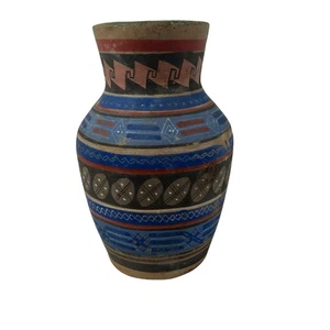 Mexican Opaque Ware 1930s 1940s Vase Aztec Design Blue Brown Red Vintage  - Picture 1 of 20