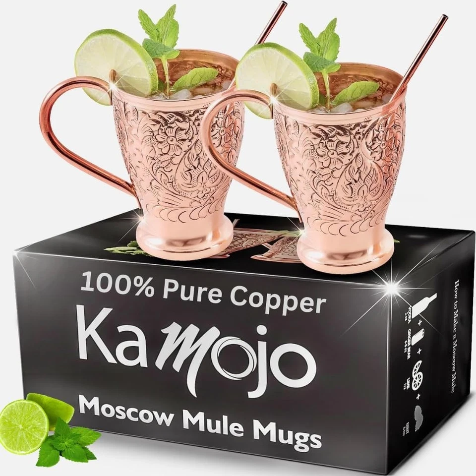 moscow mule copper mug set - 100 pure - bonus 2 copper straws/stir sticks for